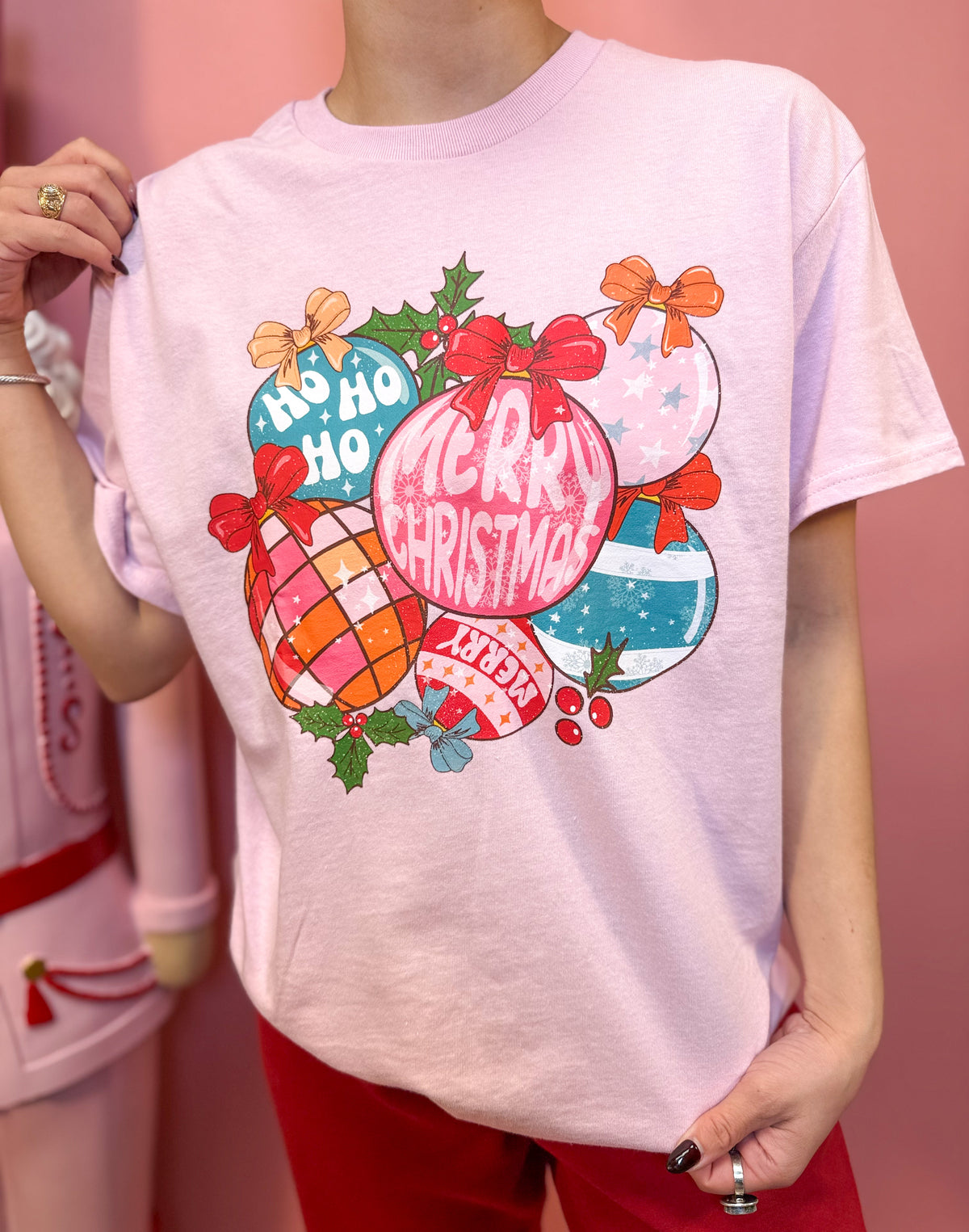 Pink Christmas Ornaments Graphic Tee