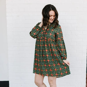 Ruffle Detail Long Sleeve Orange & Green Patterned Dress
