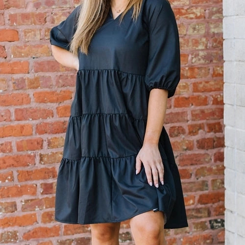 Bubble Sleeve V-Neck Tiered Babydoll Dress-Black