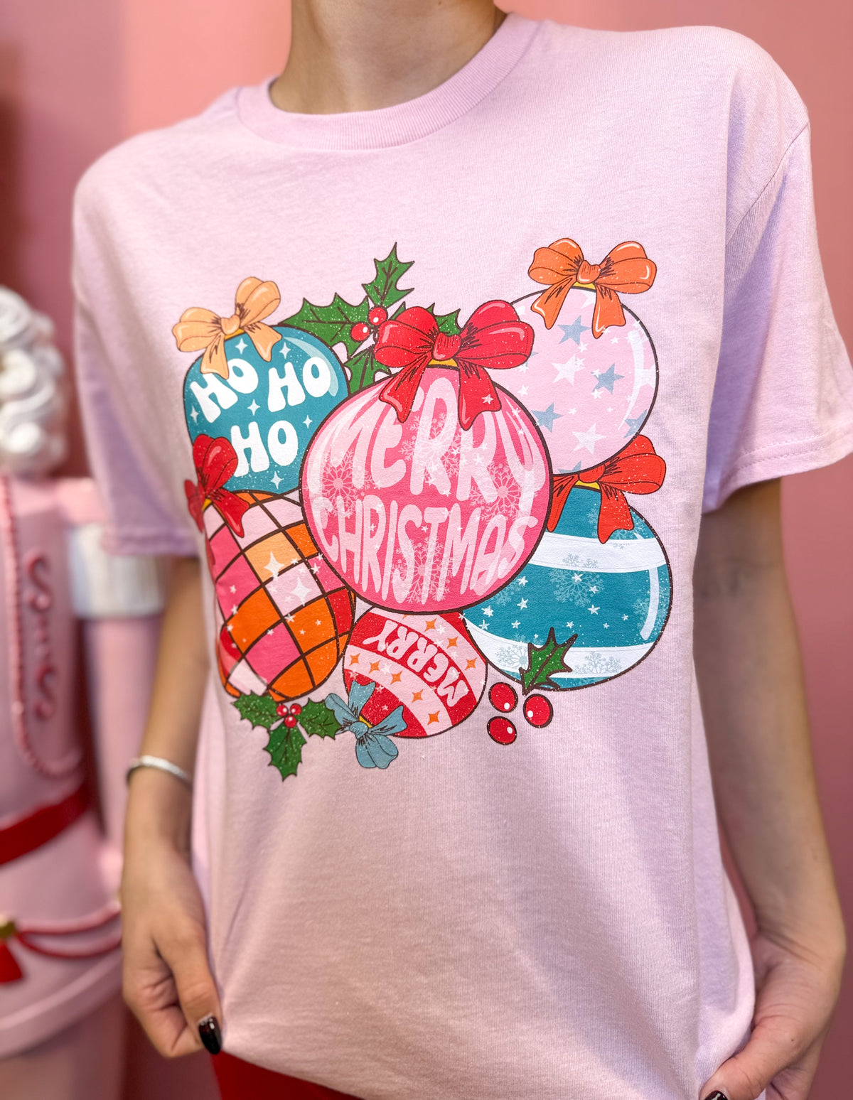 Pink Christmas Ornaments Graphic Tee