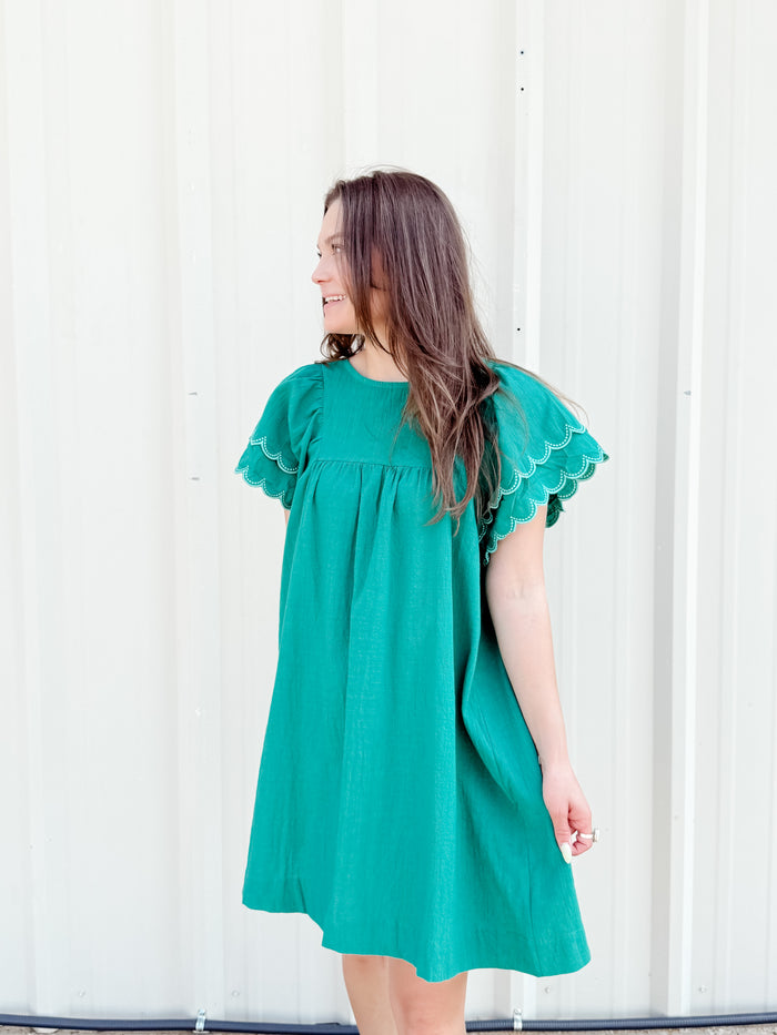 Round Neck Dress W/ Scalloped Flutter Sleeves