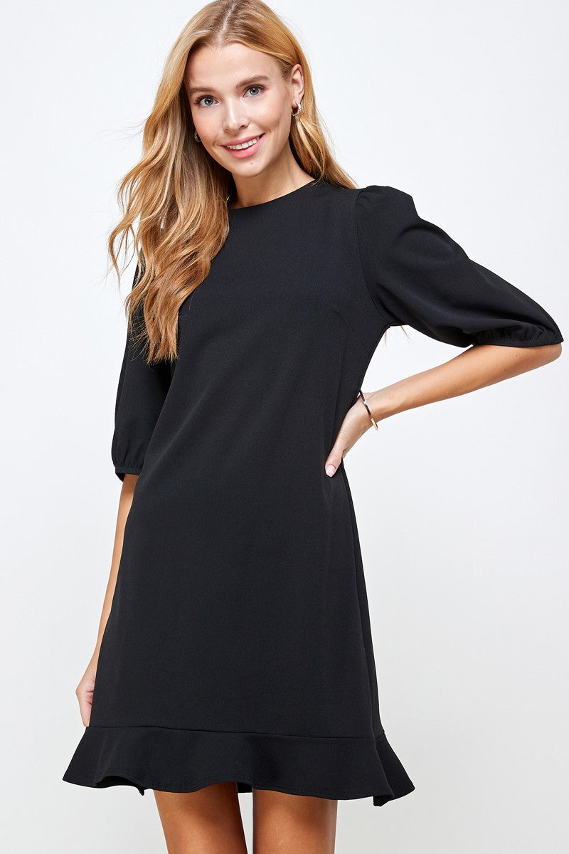 Puff Elbow Sleeve Ruffle Hem Dress-Black