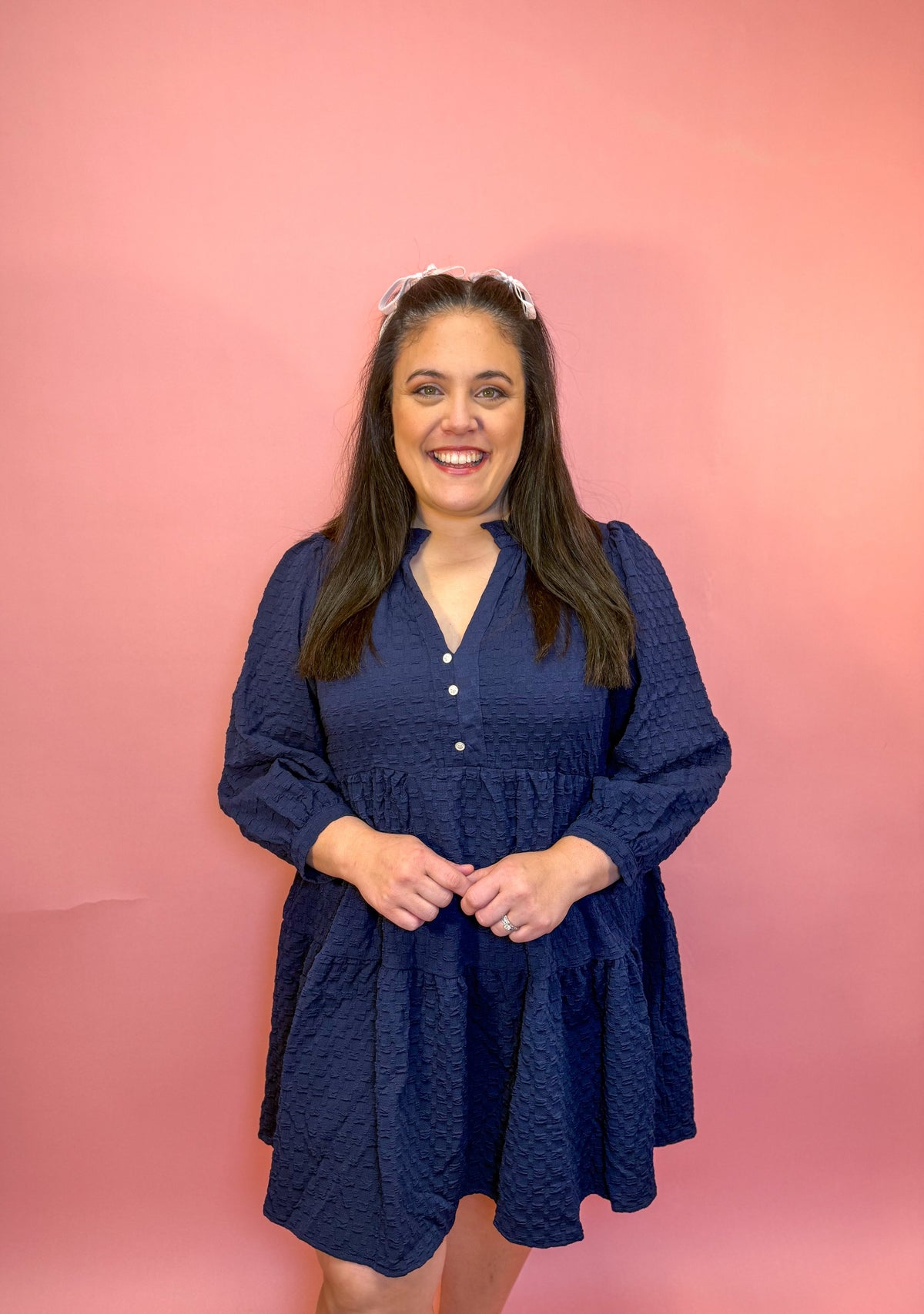 Textured Jacquard V-Notched Ruffle Trim Dress