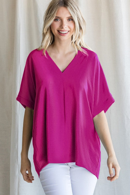 Solid V-Neck Boxy Top-Magenta