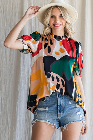 Colorful Print Frilled Neck Top-Red Mix