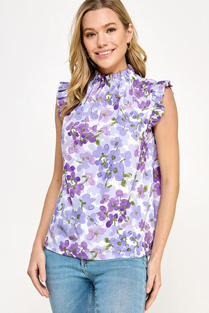 Multi Color Abstract Print Ruffled Neckline Top-Violet