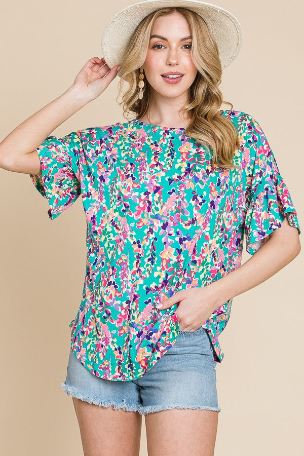 Floral Criss Cross Short Sleeve Top-Jade