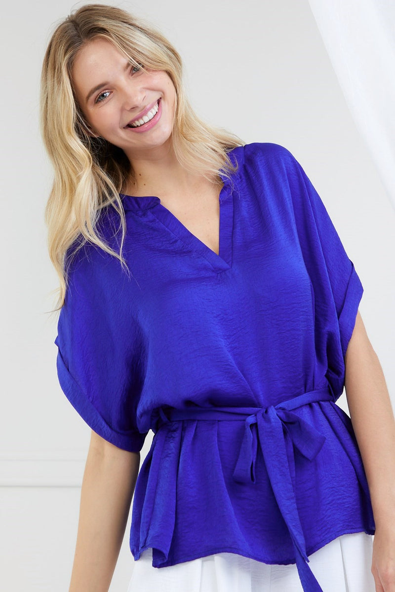 Solid Loose Fit Folded Sleeve Belted Top-Royal Blue