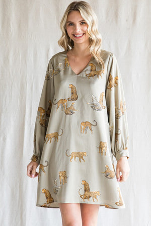 Satin Animal Print Dress-Sage