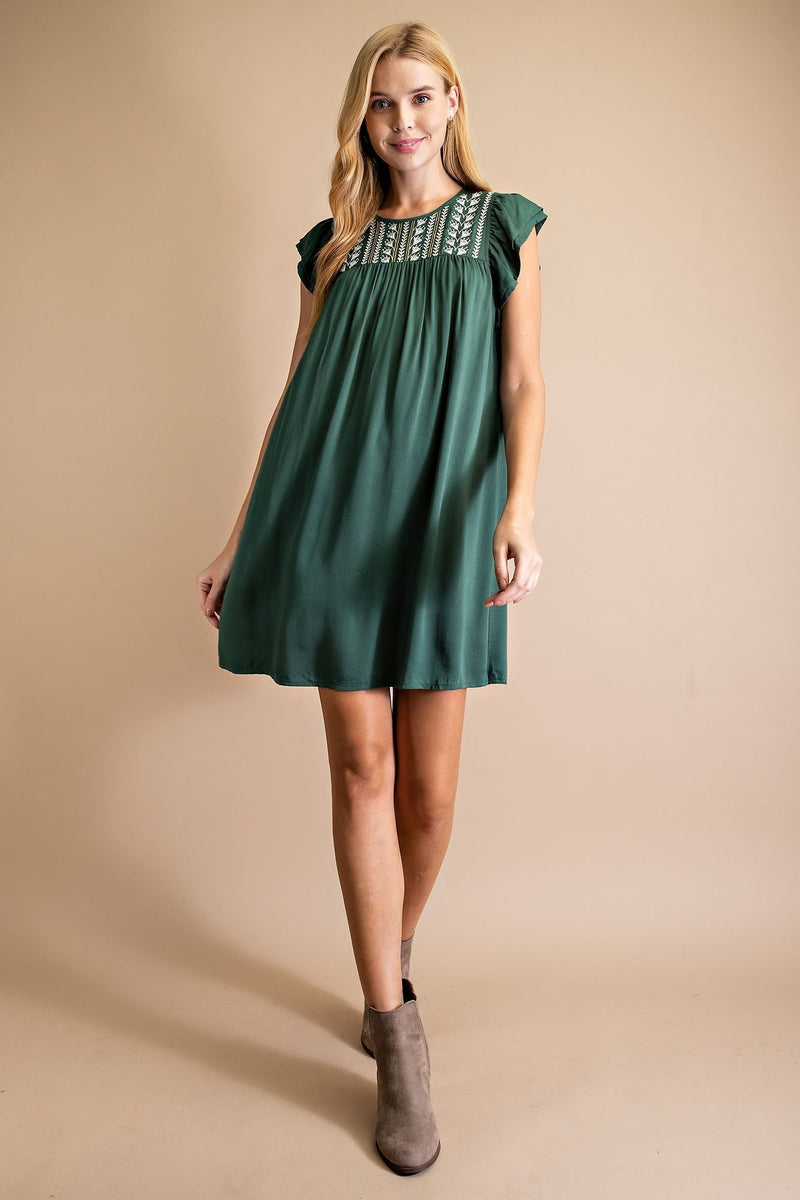 Embroidered Flutter Sleeve Mini Dress-Hunter Green