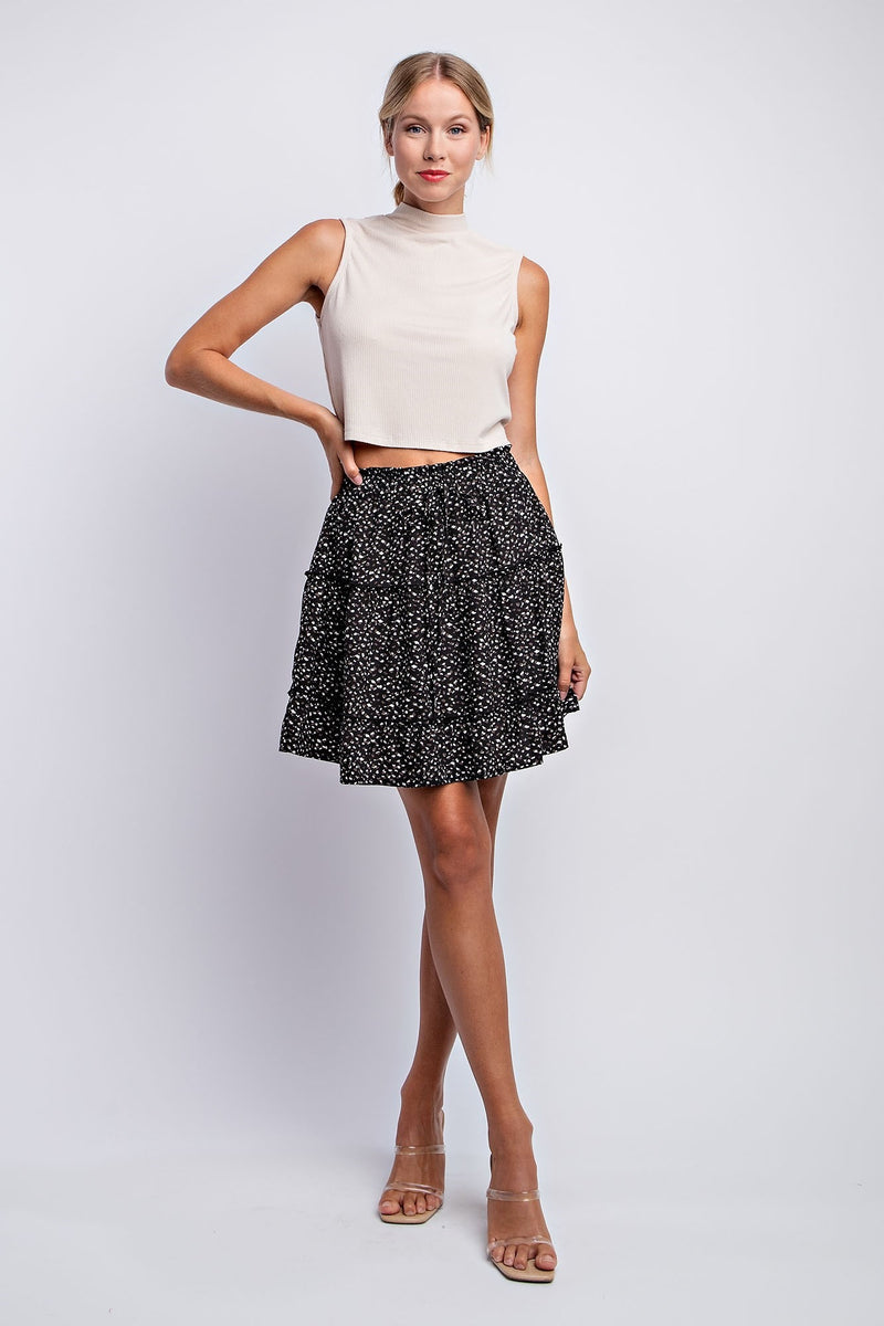 Drawstring Tiered Mini Skirt-Black