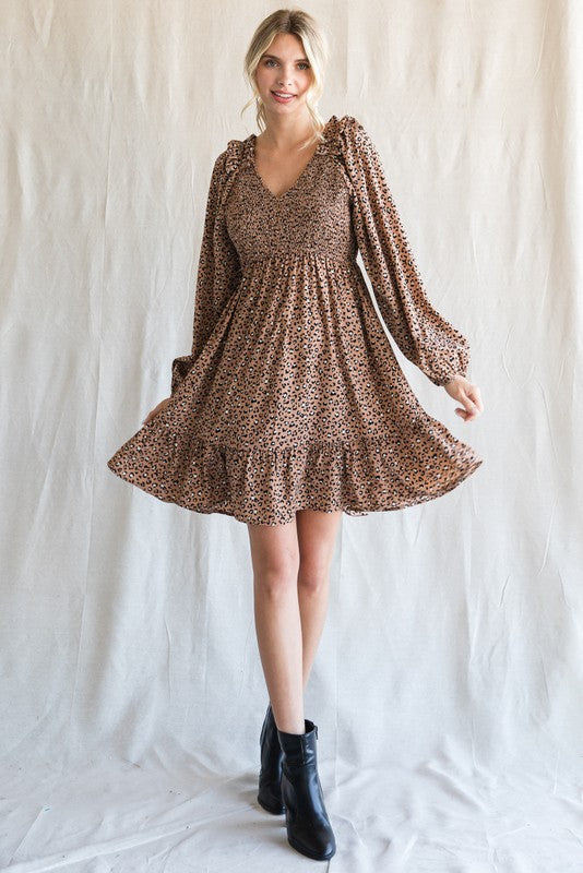 Leopard Print Smocked Body Dress-Taupe