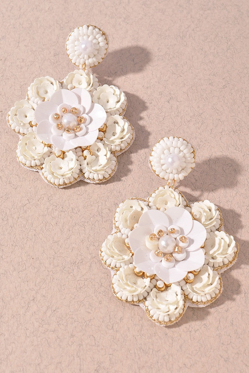 Beaded Flower Petal Earrings-White