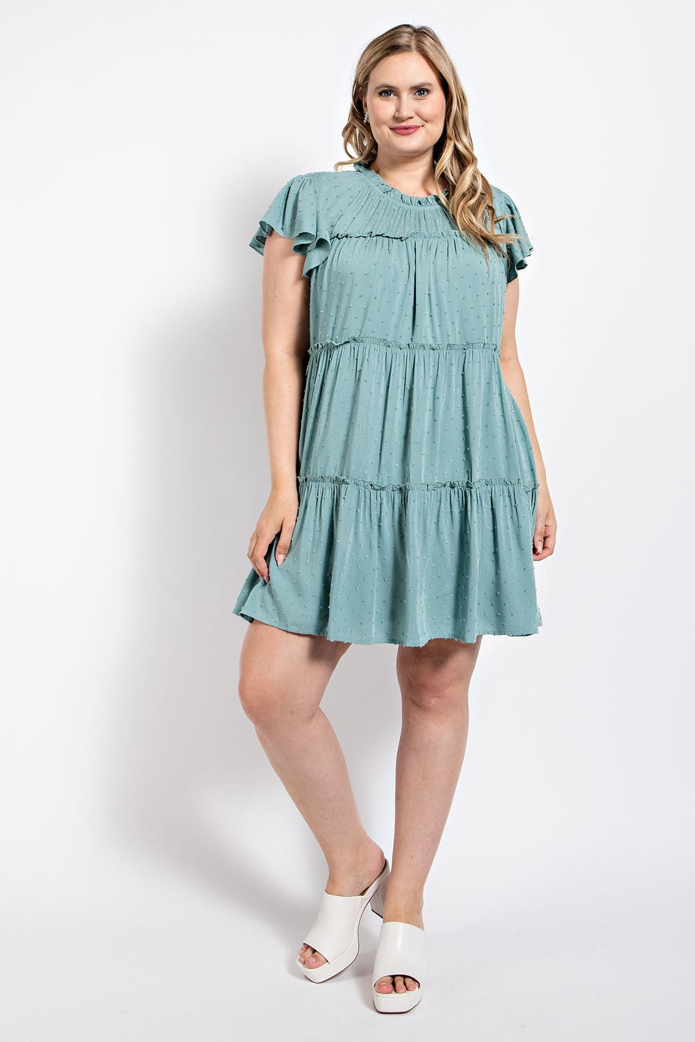 Swiss Dot Tiered Dress-Seafoam