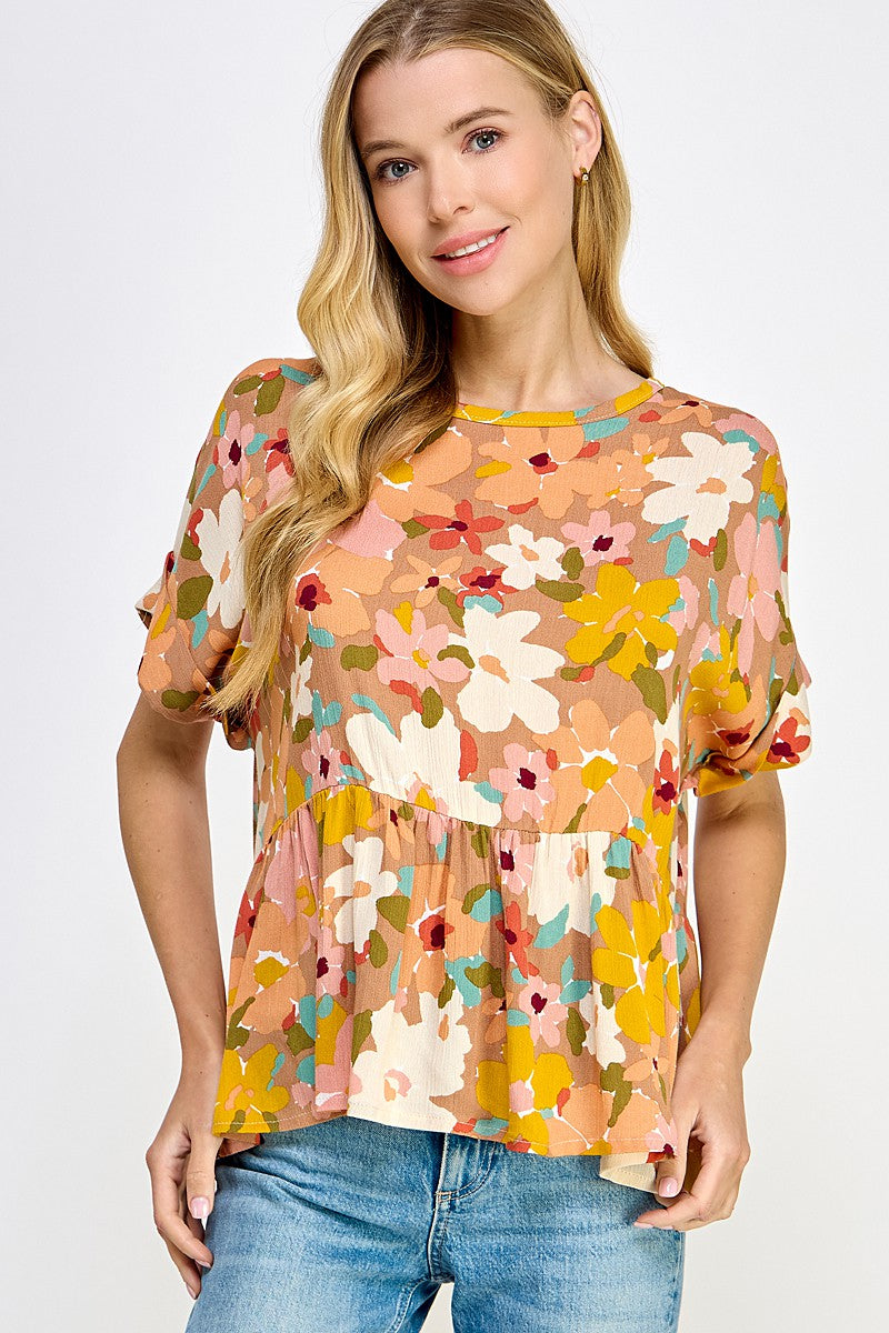 Floral Baby Doll Cuff Short Sleeve Top-Mocha