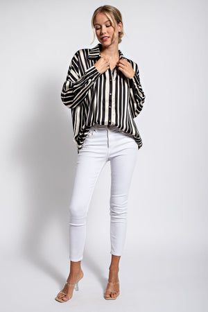 Stripe Button Up French Cuff Blouse-Black
