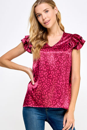 Satin Double Ruffle Sleeve Cheetah Print Top-Burgundy