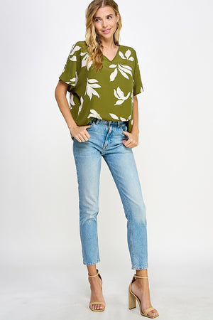 Oversized Abstract Print V-Neck Top-Olive