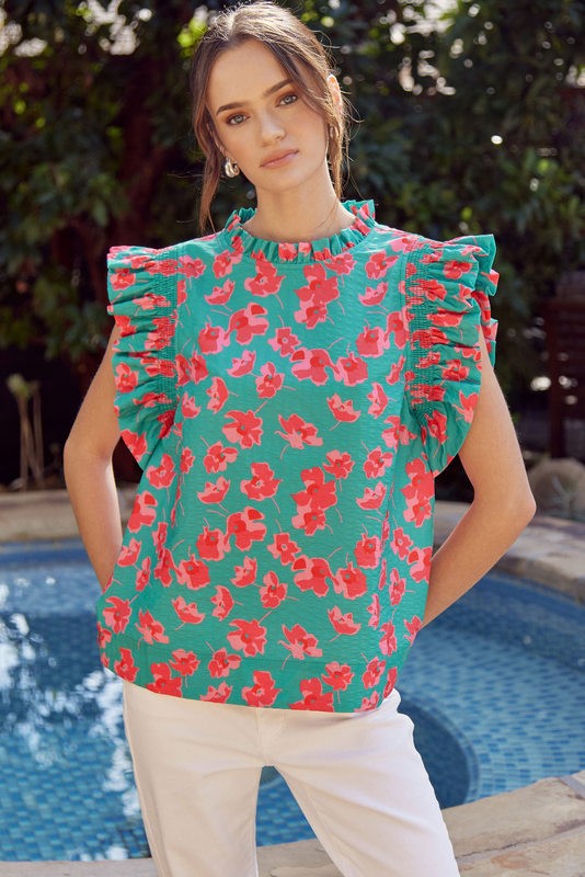 Flower Pattern Print Top With Frill