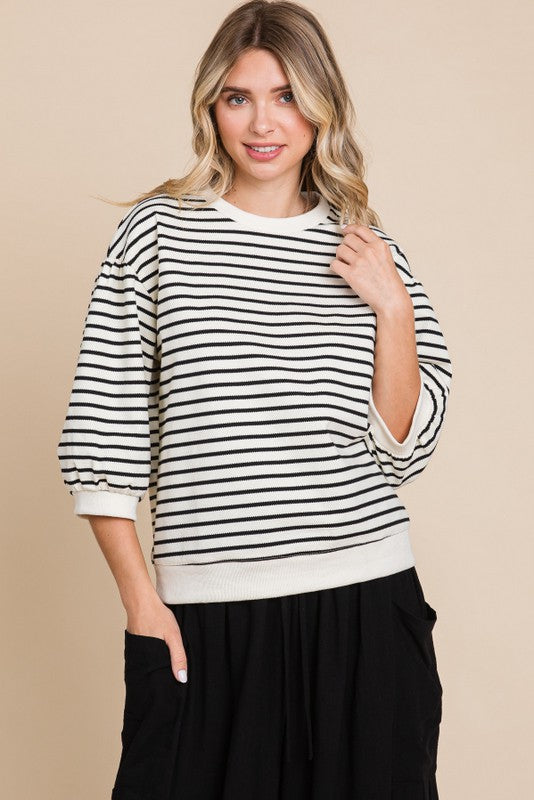 Striped U Neck 3/4 Bubble Sleeves Top