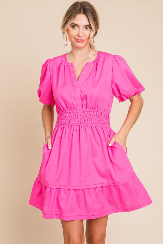 Solid Puff Sleeve Smocked Waist Dress-Pink