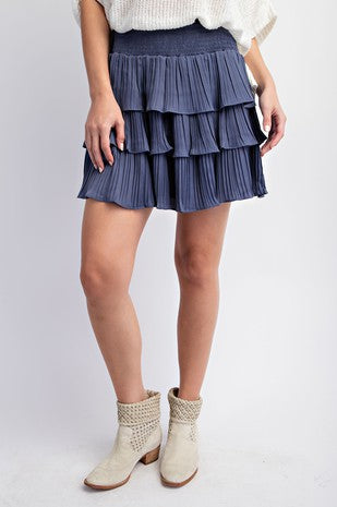 Denim Pleated Ruffled Mini Skirt