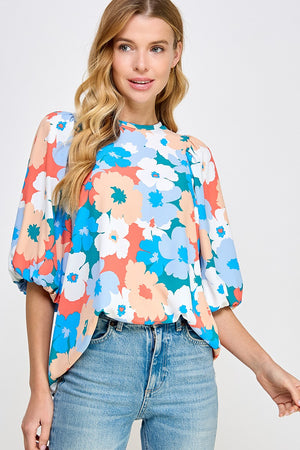 3/4 Puff Sleeve Multi Color Floral Blouse