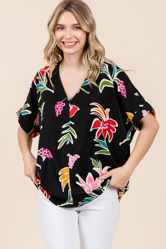 Flower Print V-Neck Boxy Top-Black