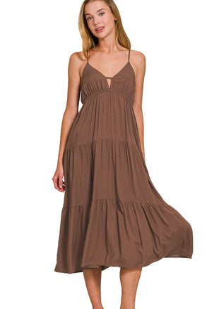 Brown Woven Sweetheart Neckline Tiered Maxi Dress