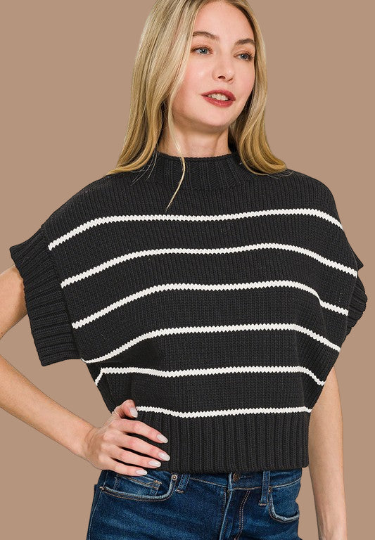 Striped Cropped Mock Neck Sweater