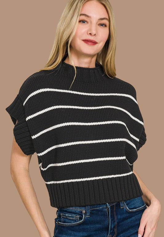 Striped Cropped Mock Neck Sweater