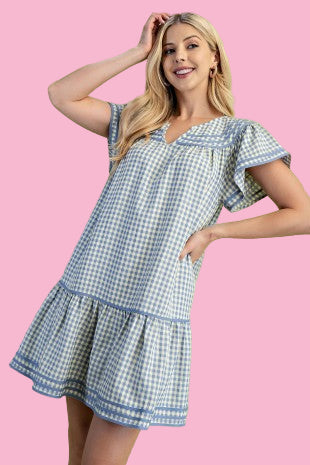 Navy Checker Print Short Sleeve Mini Dress