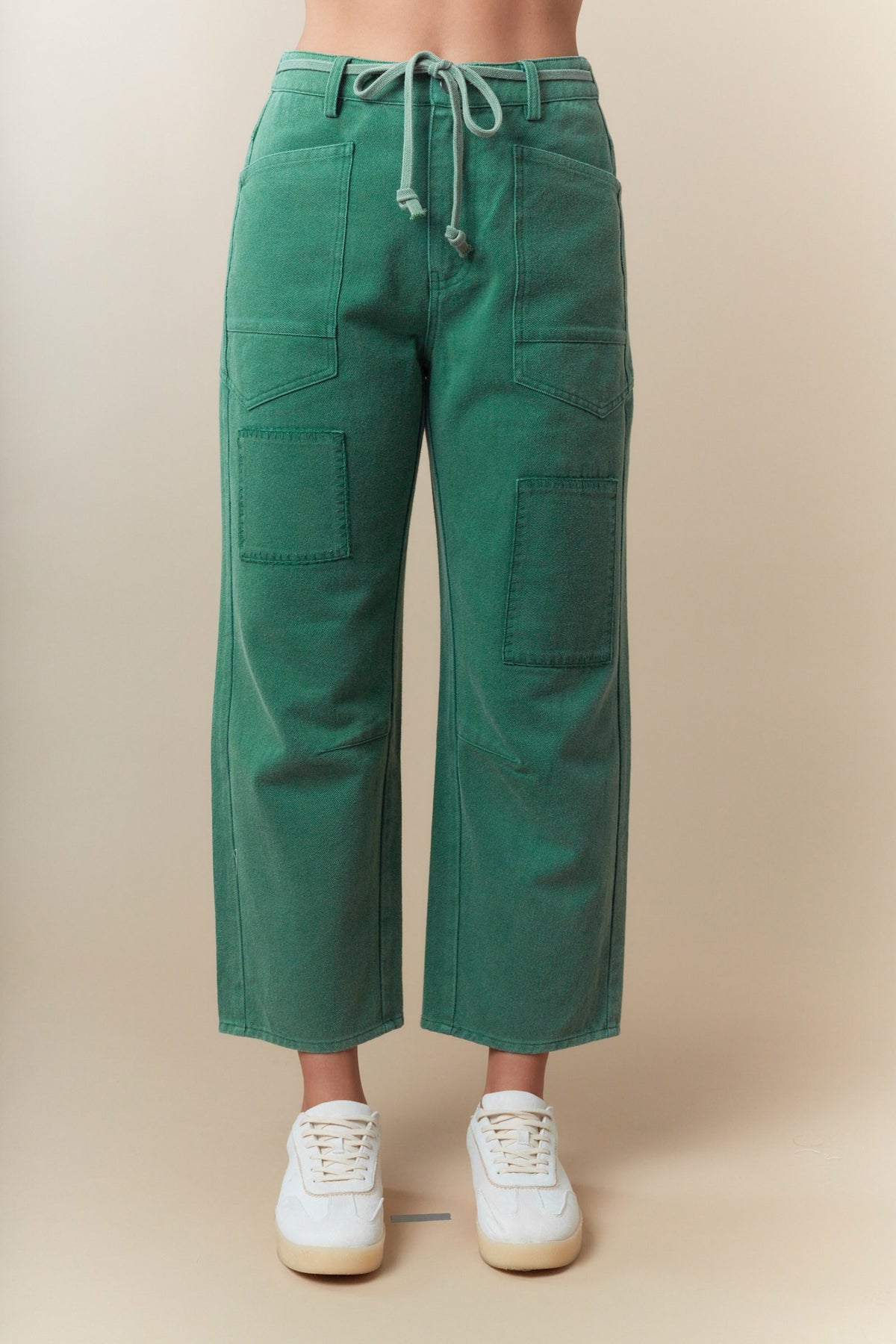 Front Belted Washed Denim Pocket Pants