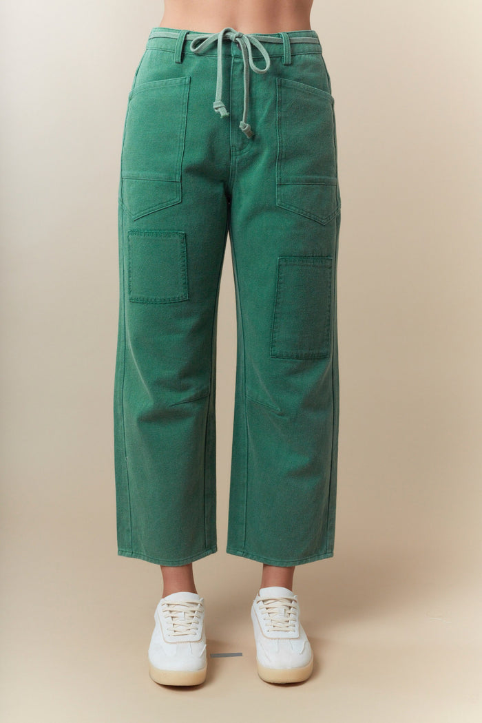 Front Belted Washed Denim Pocket Pants