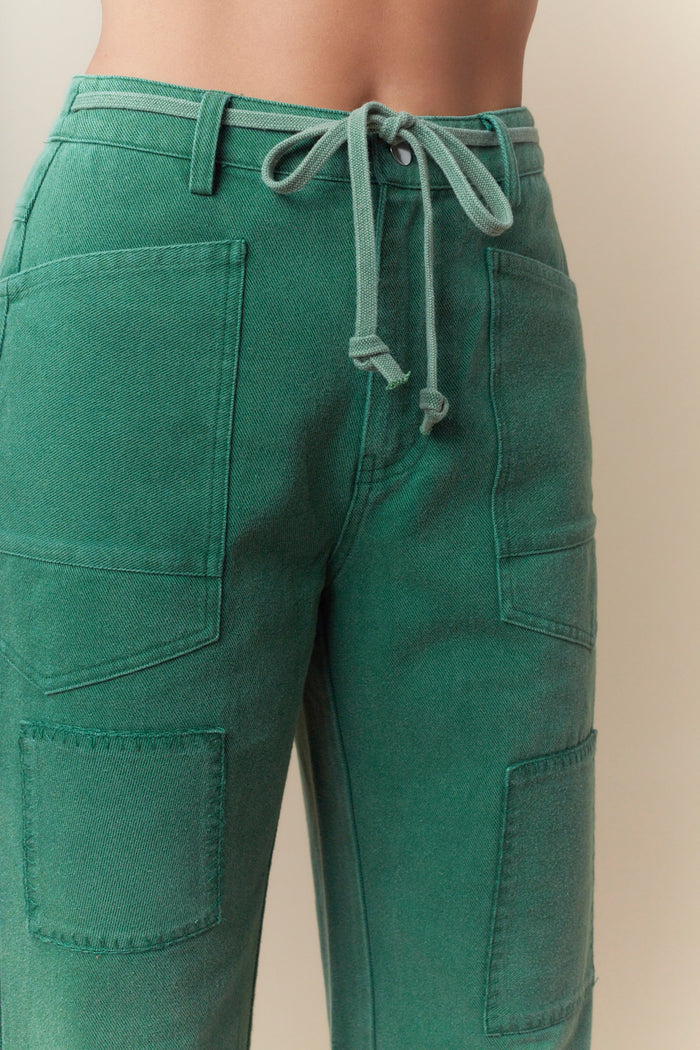 Front Belted Washed Denim Pocket Pants