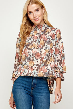 Ruffled Neckline Floral Watercolor Print Blouse
