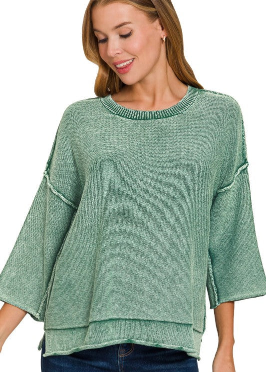 Hunter Green Washed 3/4 Sleeve Boxy Sweater