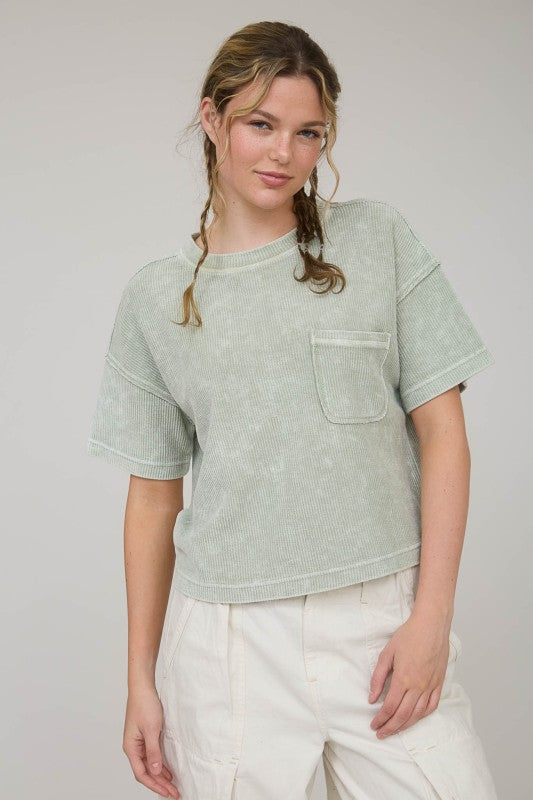 Washed Ribbed Short Sleeve Tee W/ Pocket
