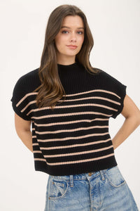 Stripe Mock Neck Short Sleeve Knit Sweater