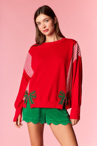 X-MAS Bow Patch Stripe Mixed Terry Top
