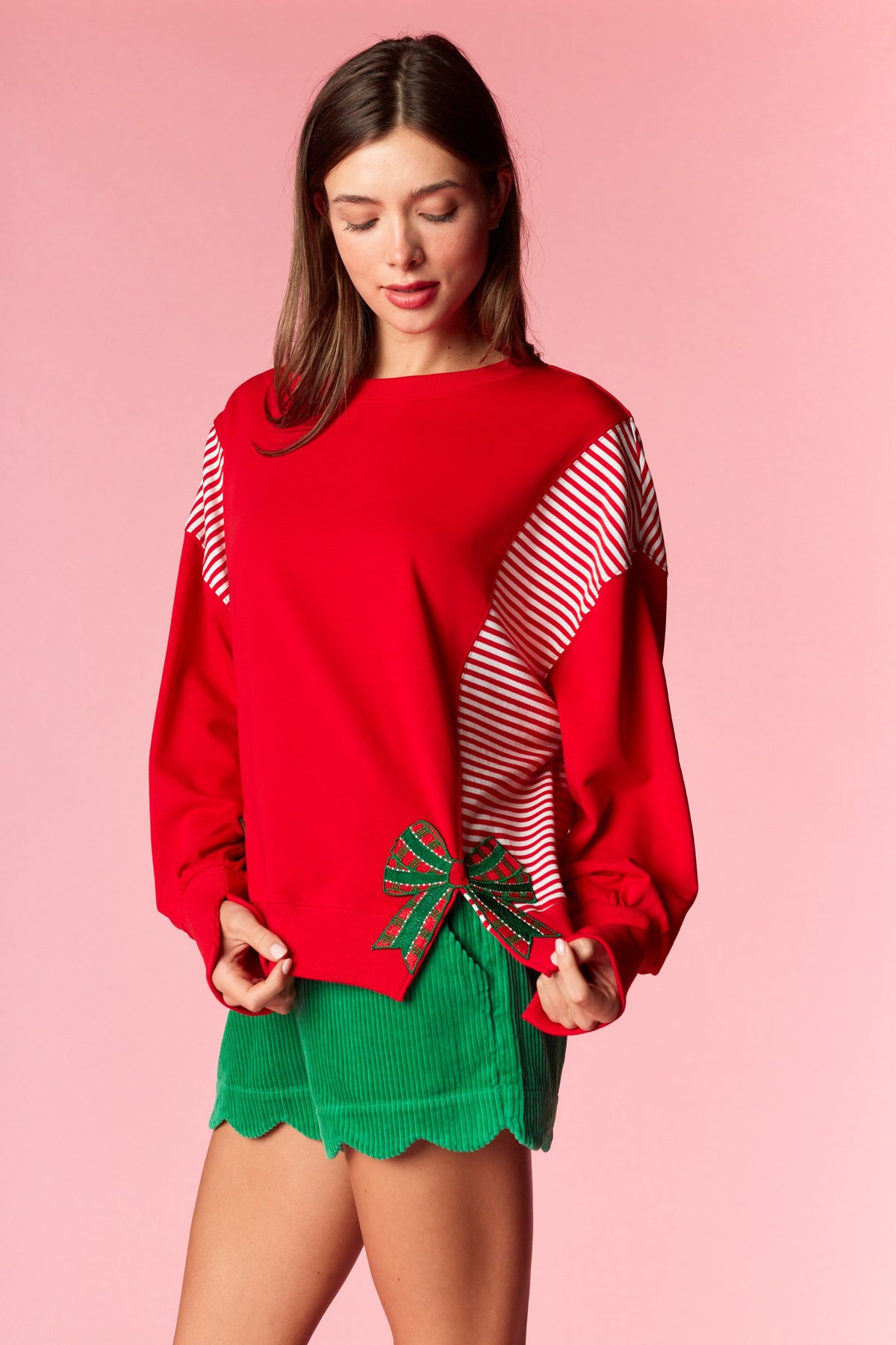 X-MAS Bow Patch Stripe Mixed Terry Top