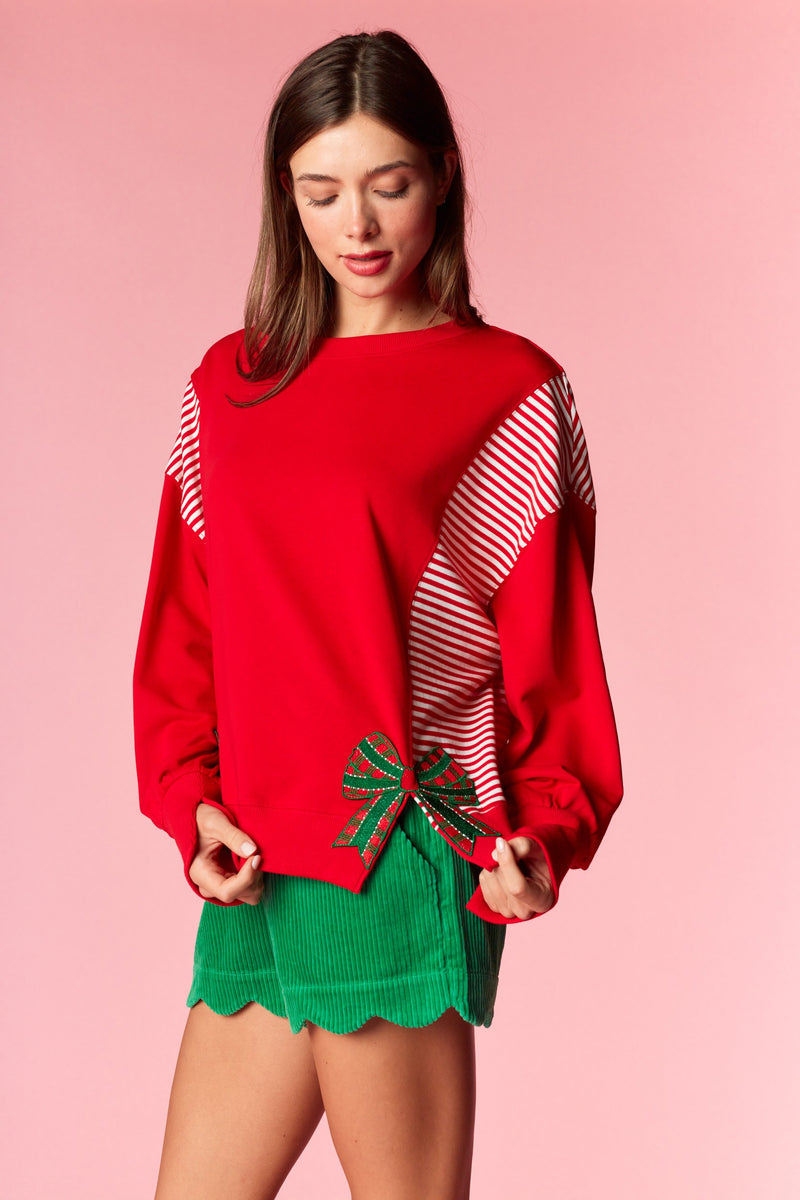 X-MAS Bow Patch Stripe Mixed Terry Top