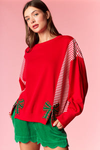 X-MAS Bow Patch Stripe Mixed Terry Top
