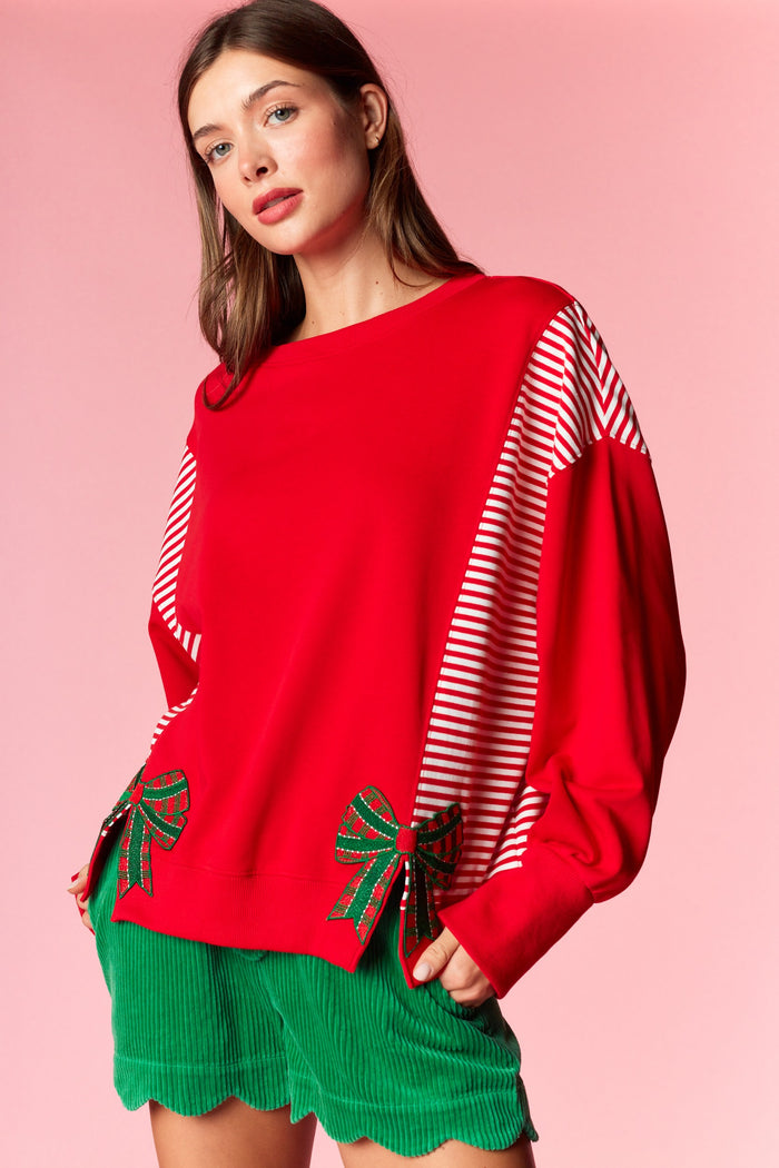 X-MAS Bow Patch Stripe Mixed Terry Top