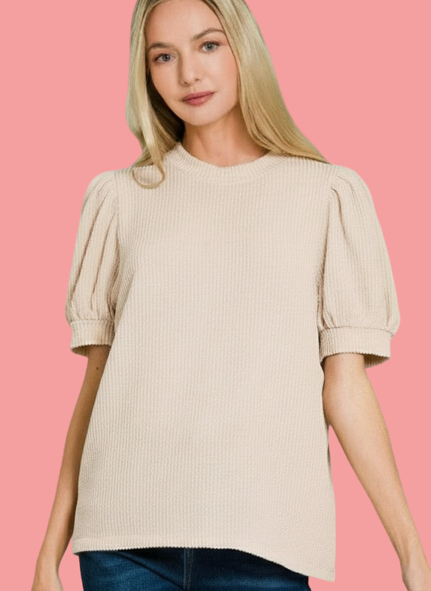 Raised Ribbed Puff Sleeve Top