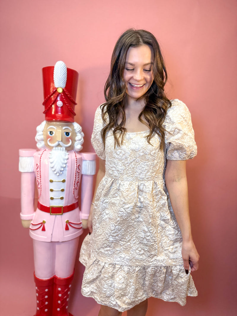 Champagne Jacquard Print Baby Doll Dress