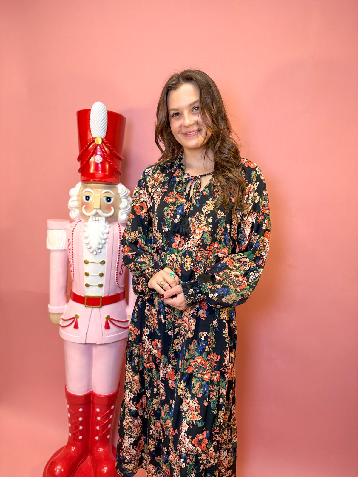 Black Floral Print V-Neck Tiered Maxi Dress