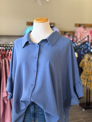 Ruffle Sleeve Blouse- Blue