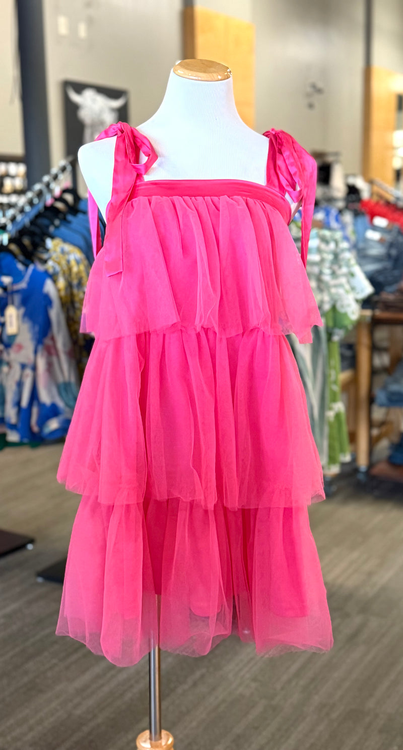 Tiered Tulle Mini Dress-Hot Pink