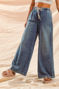 Wide Leg Denim Pants W/ Drawstring